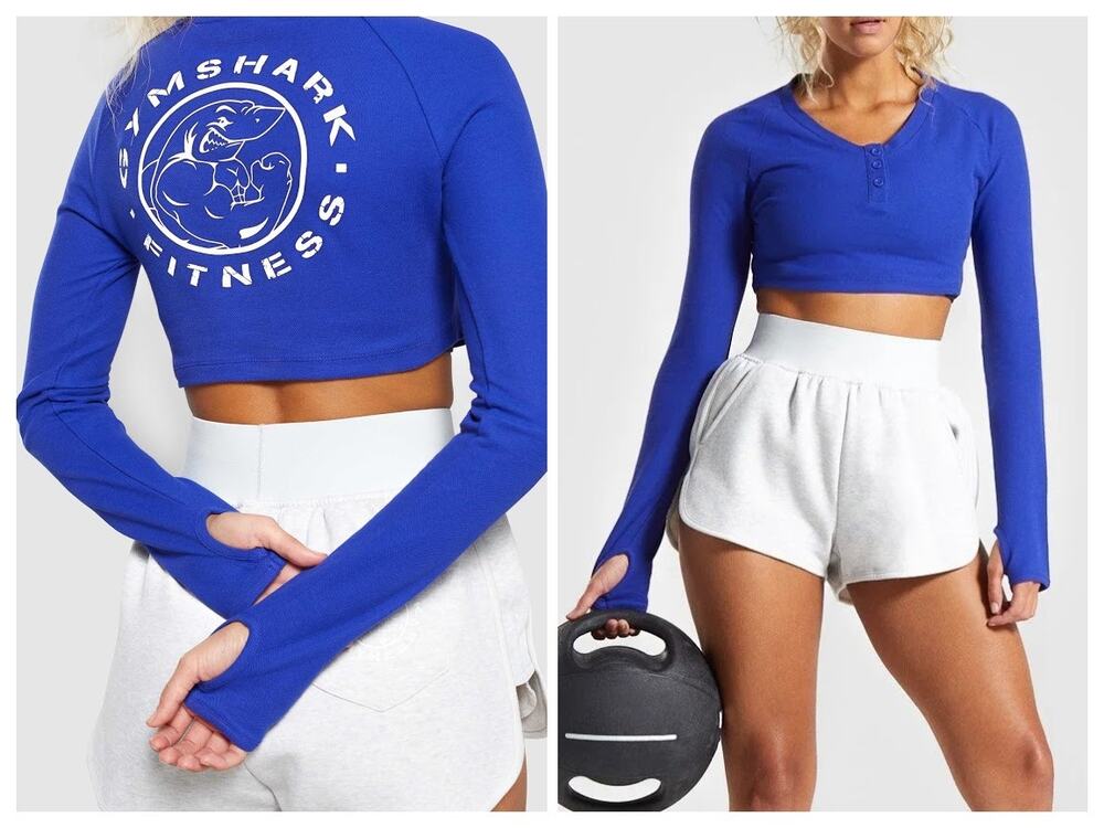 Gymshark Legacy Fitness Long Sleeve Crop Top Henley Cobalt Blue White